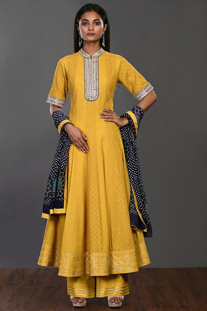 Dandelion Yellow Moti Embroidered Kurta Set by Onaya