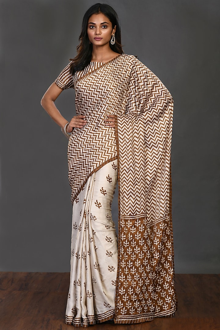 Bown & White Cutdana Embroidered Saree Set by Onaya