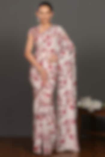 Pink & White Mirror Embroidered Party Wear Saree Set by Onaya at Pernia's Pop Up Shop