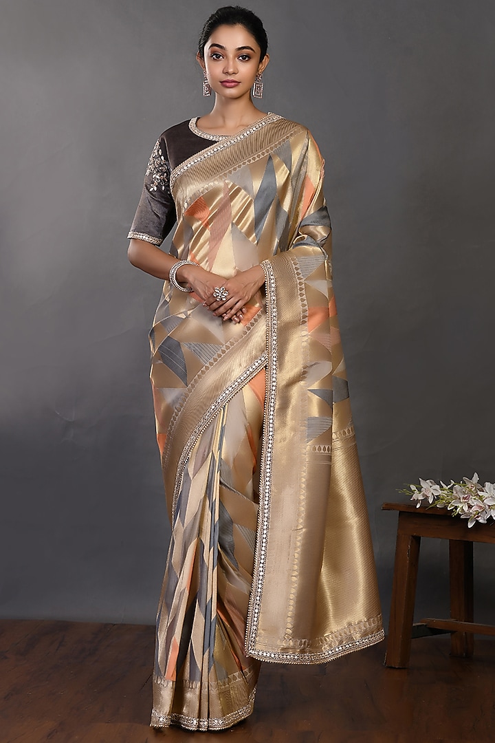 Dull Gold Embroidered Handloom Saree Set by Onaya