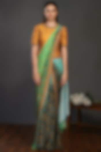 Green Embroidered Draped Skirt Saree Set by Onaya