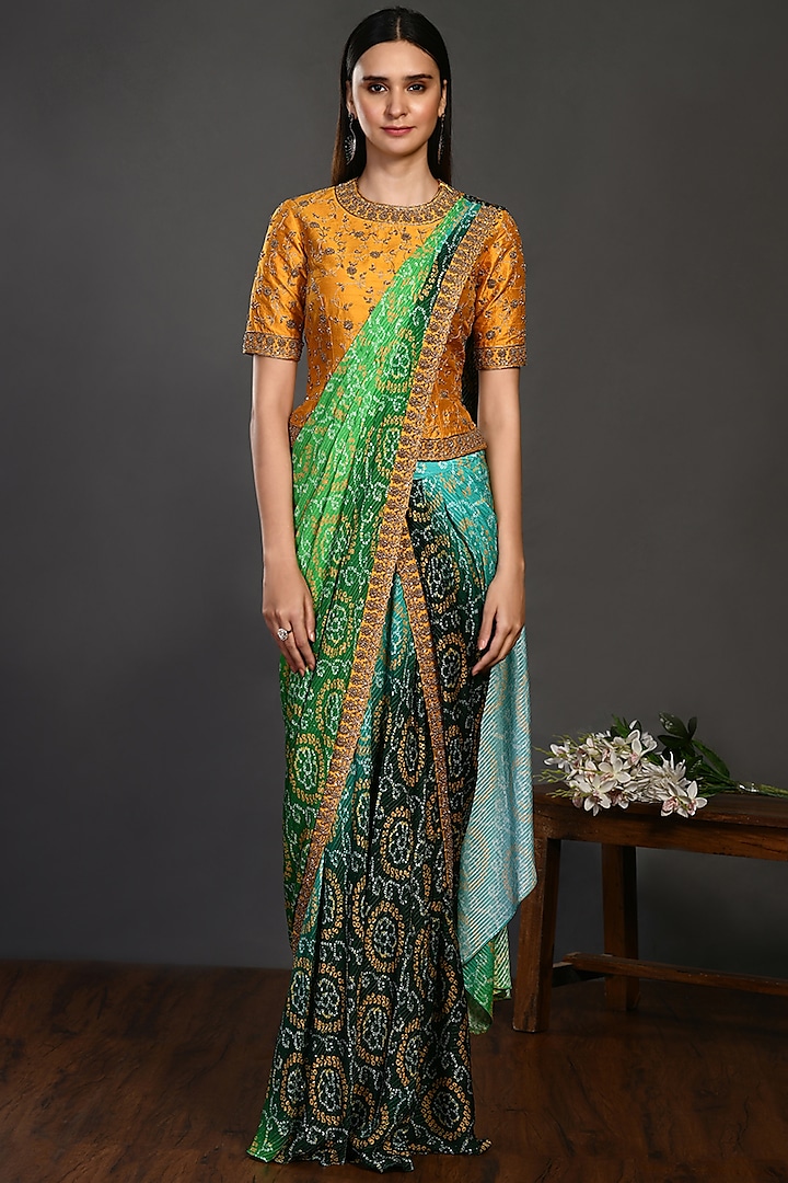 Green Embroidered Draped Skirt Saree Set by Onaya