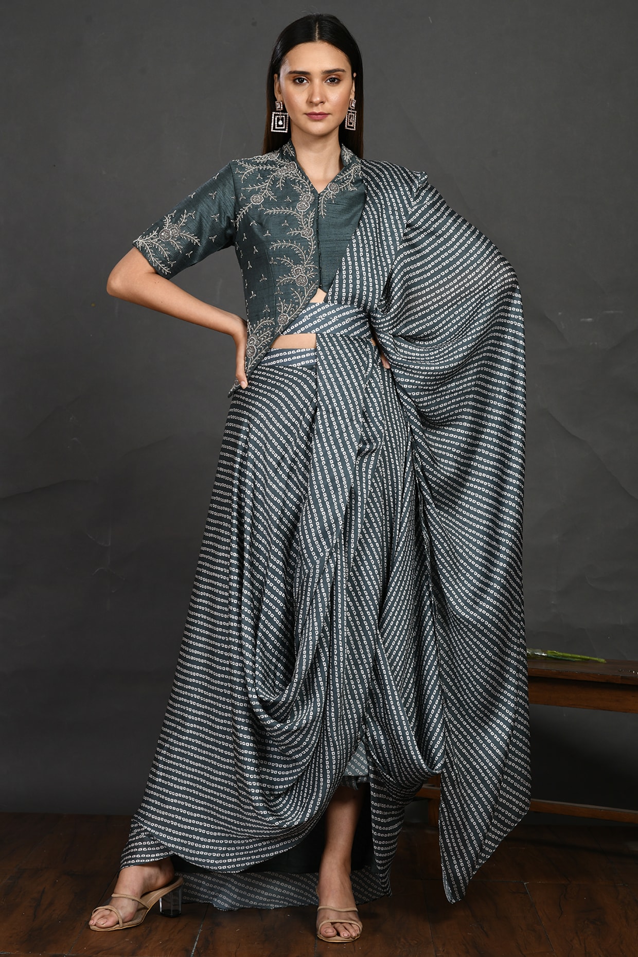Grey Satin Draped Skirt Set by Onaya at Pernia's Pop Up Shop