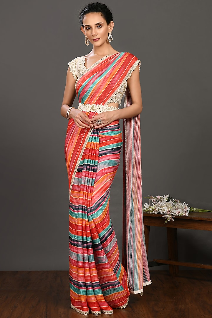 Multi-Colored Embroidered Saree Set by Onaya