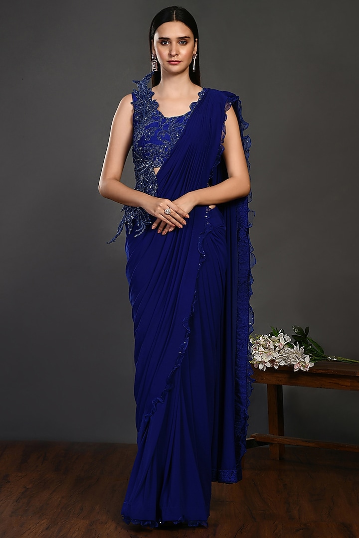 Cerulean Blue Embroidered Draped Saree Set by Onaya