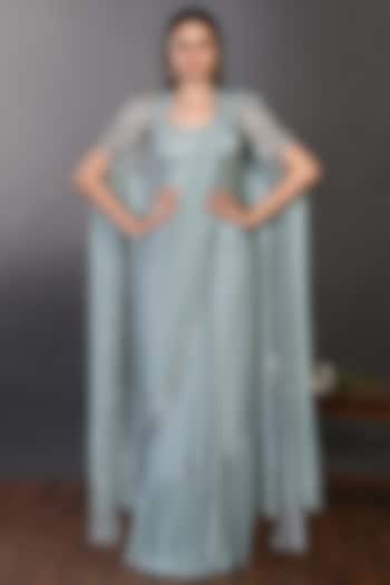 Aqua Georgette Embellished Pre-Stitched Saree Set by Onaya