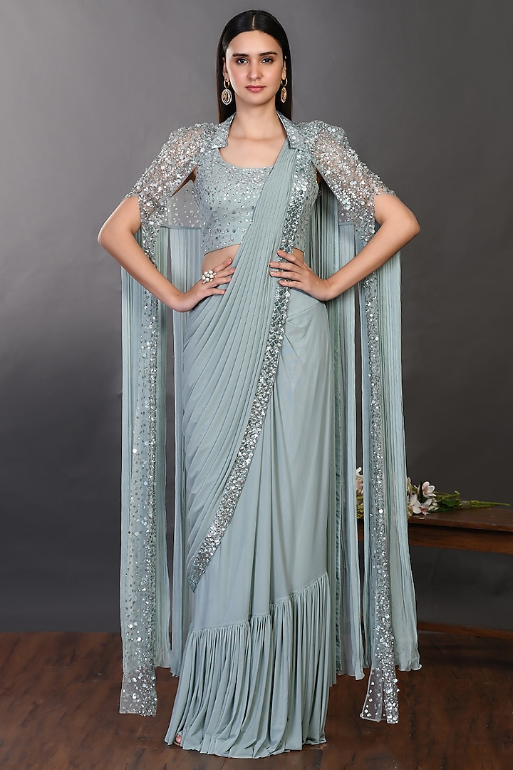 Aqua Georgette Embellished Pre-Stitched Saree Set Design by Onaya at ...