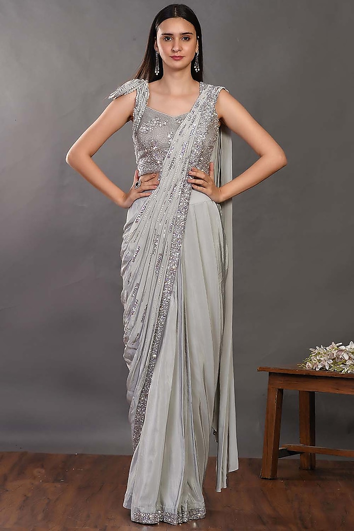 Light Grey Embroidered Draped Saree Set by Onaya