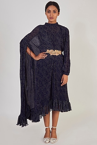 Navy Blue Crush Embroidered Dress by Onaya