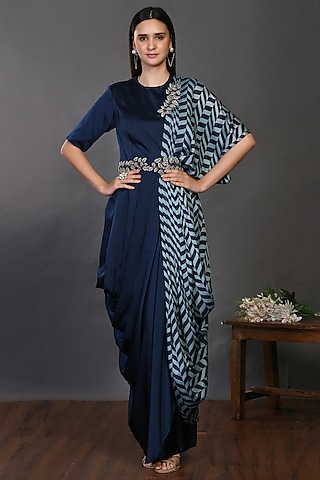 Blue Embroidered & Printed Dress by Onaya