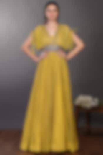 Yellow Embroidered Cinched Gown by Onaya
