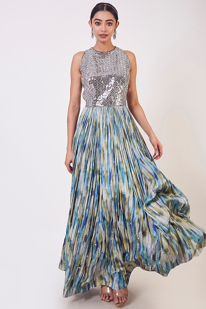 Silver & Multi-Colored Embroidered Gown by Onaya