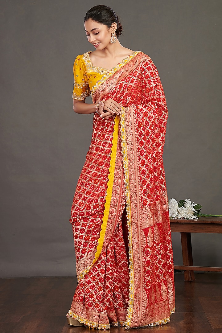 Red Bandhej Saree Set by Onaya at Pernia's Pop Up Shop