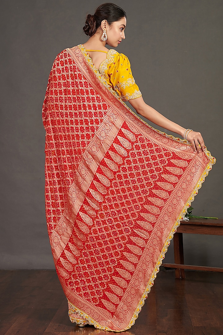Red Bandhej Wedding Saree Set by Onaya at Pernia's Pop Up Shop