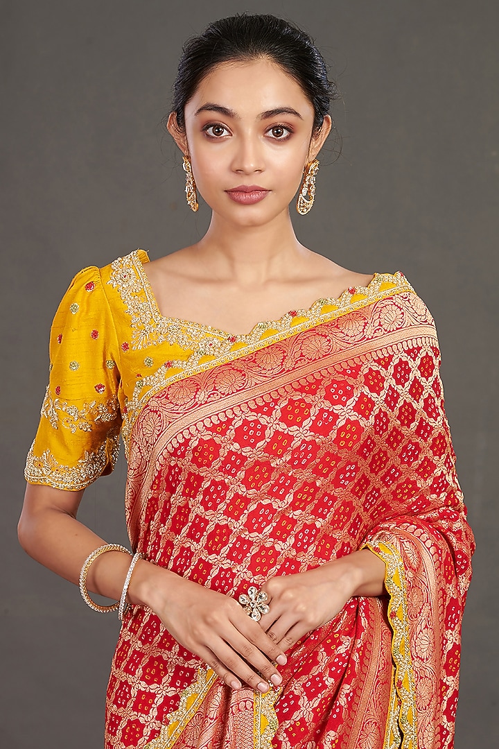 Red Bandhej Wedding Saree Set by Onaya at Pernia's Pop Up Shop
