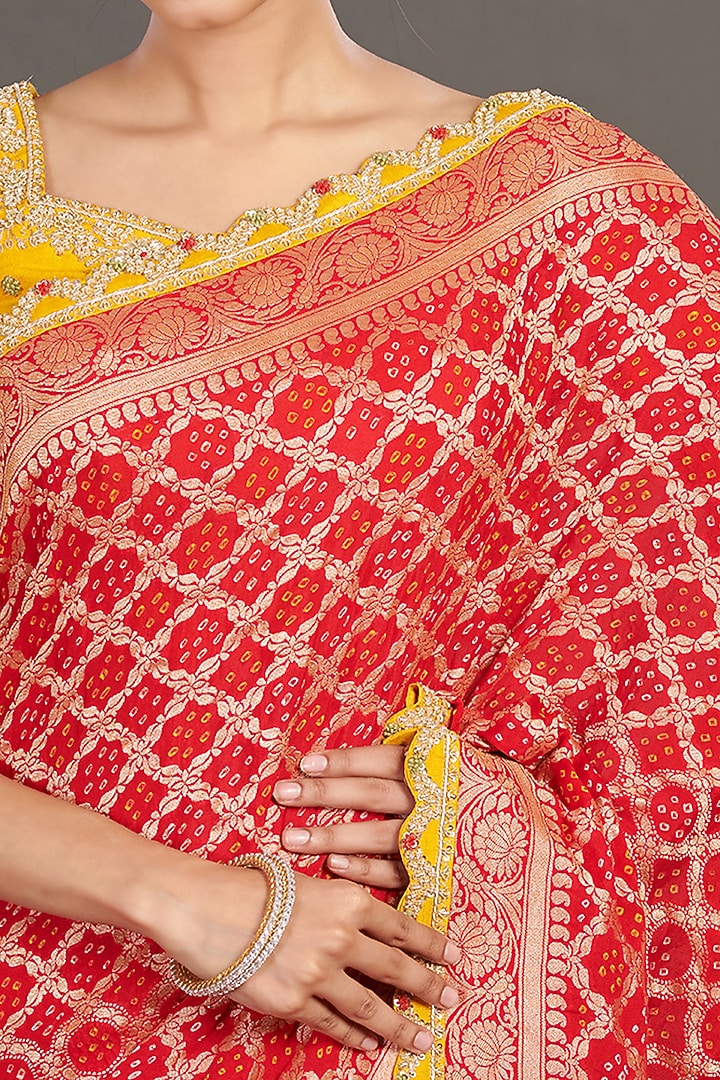 Red Bandhej Wedding Saree Set by Onaya at Pernia's Pop Up Shop