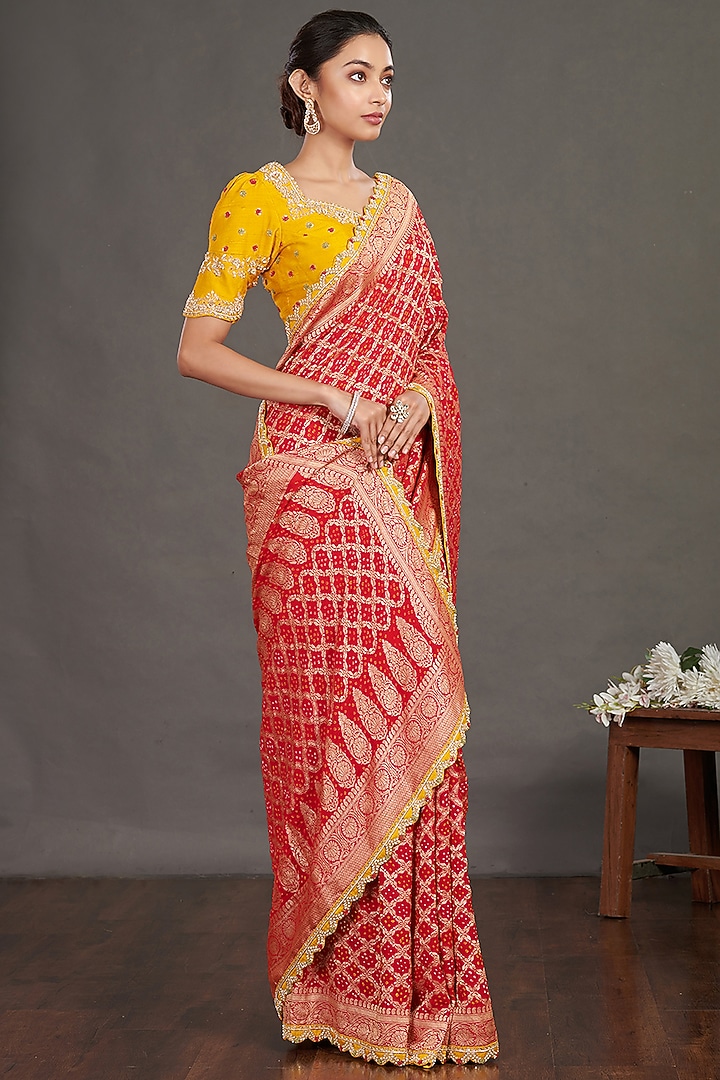 Red Bandhej Wedding Saree Set by Onaya at Pernia's Pop Up Shop