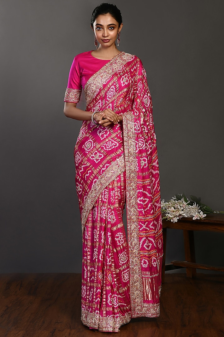 Rani Pink Bandhej Saree Set by Onaya