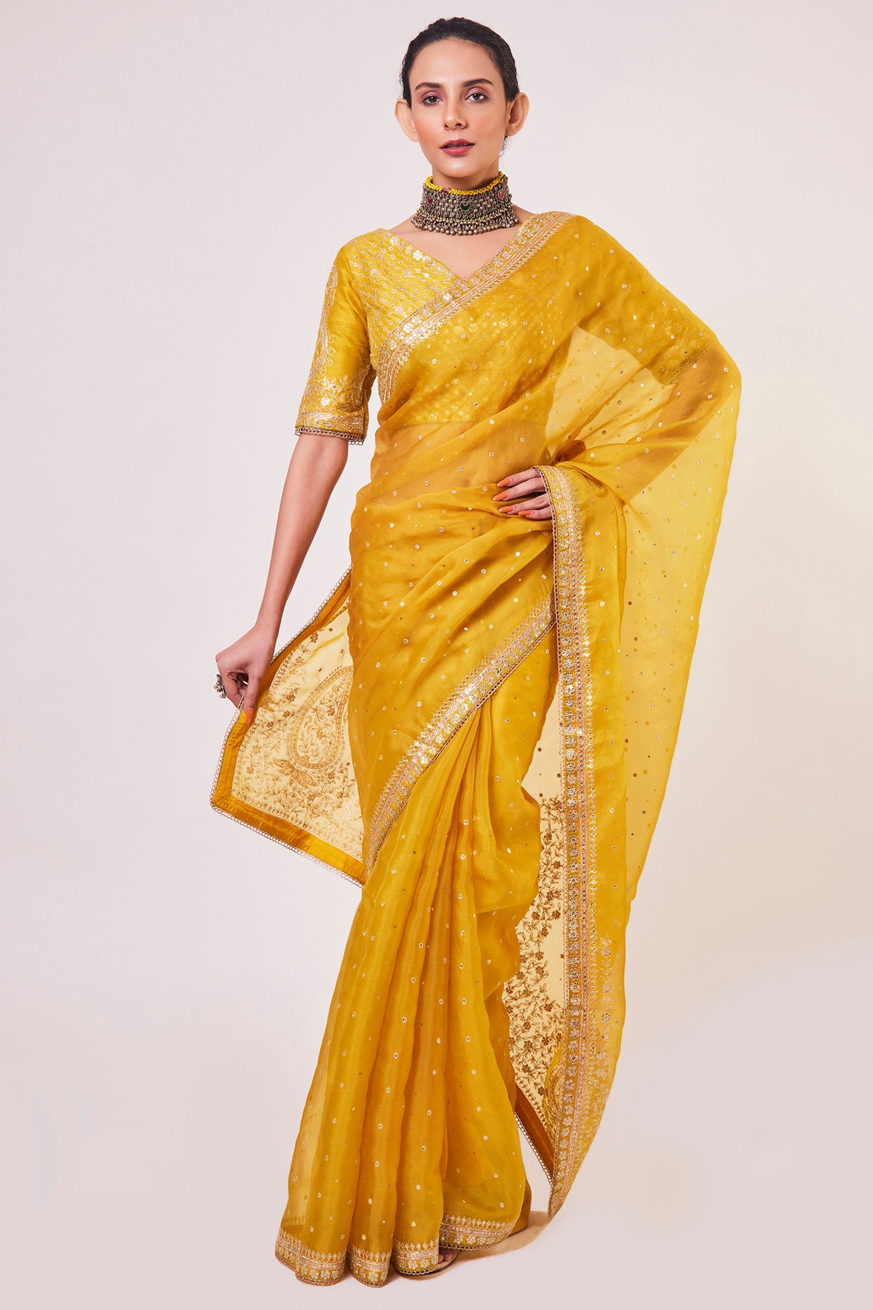 Mustard Yellow Organza & Silk Zardosi Embroidered Saree Set Design by Deep  Thee at Pernia's Pop Up Shop 2024