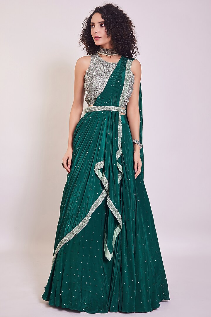Bottle Green Crepe Wedding Lehenga Set by Onaya at Pernia's Pop Up Shop