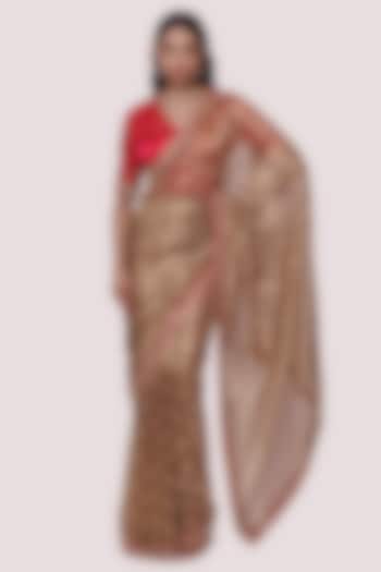 Bronze Handloom Tikki Embellished Party Wear Saree Set by Onaya at Pernia's Pop Up Shop