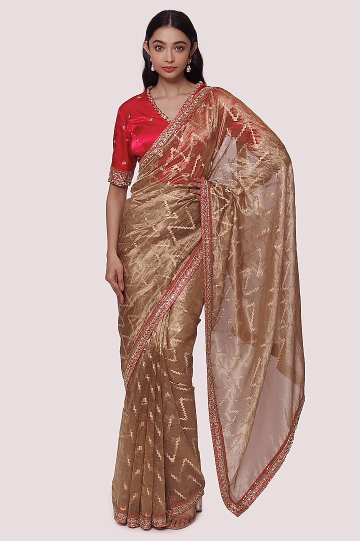 Bronze Handloom Tikki Embellished Party Wear Saree Set by Onaya at Pernia's Pop Up Shop