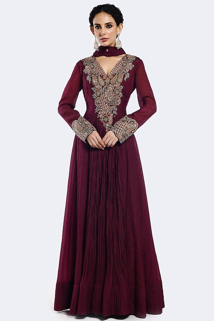 Wine Crush Sequins Embellished Anarkali Set by Onaya at Pernia's Pop Up Shop