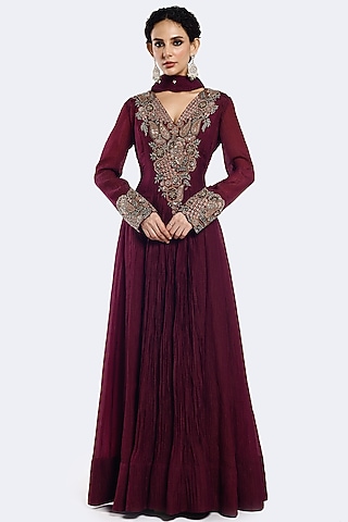 Wine Crush Sequins Embellished Anarkali Set by Onaya
