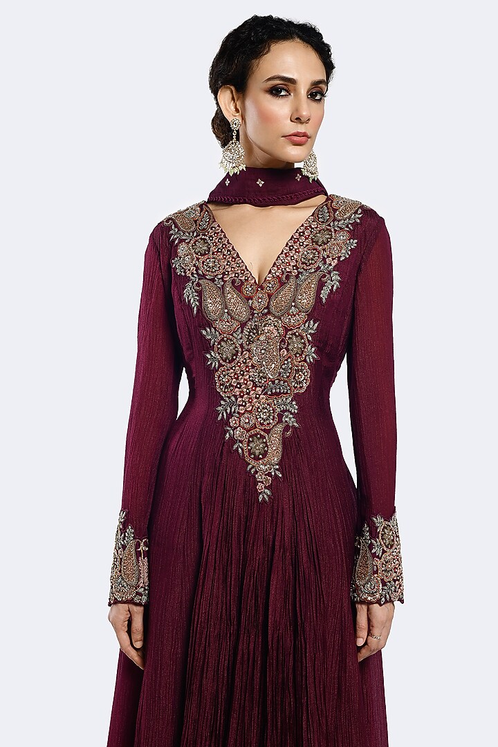 Wine Crush Sequins Embellished Wedding Anarkali Set by Onaya at Pernia's Pop Up Shop