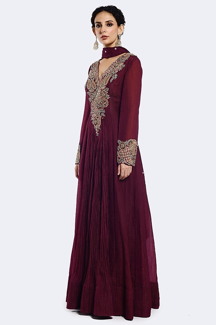 Wine Crush Sequins Embellished Wedding Anarkali Set by Onaya at Pernia's Pop Up Shop