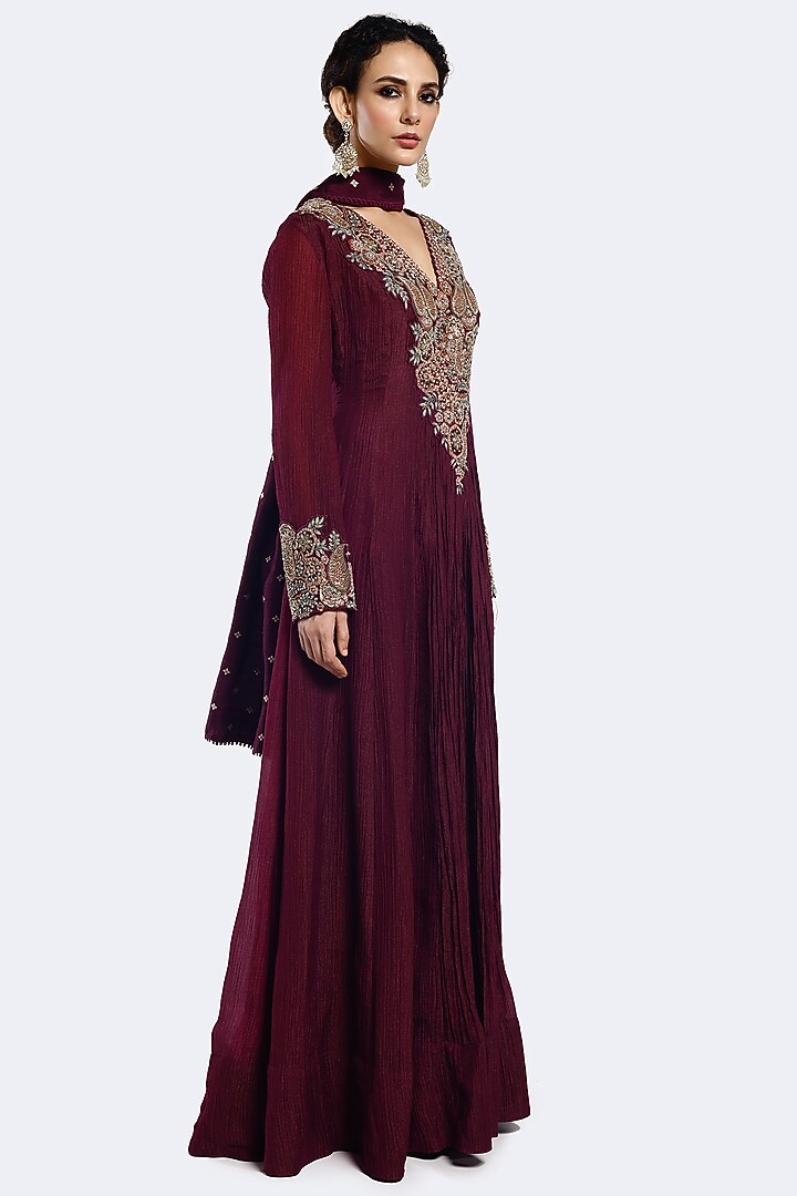Wine Crush Sequins Embellished Wedding Anarkali Set by Onaya at Pernia's Pop Up Shop