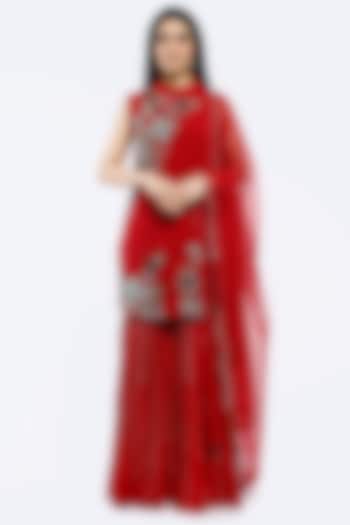 Red Georgette Floral Embroidered Party Wear Sharara Set by Onaya at Pernia's Pop Up Shop