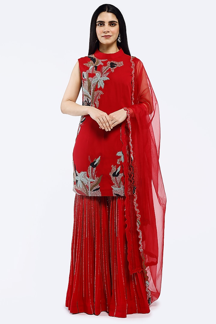 Red Georgette Floral Embroidered Party Wear Sharara Set by Onaya at Pernia's Pop Up Shop