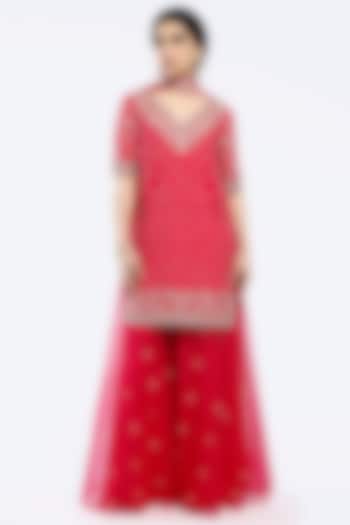 Rani Pink Organza Sequins Embroidered Party Wear Sharara Set by Onaya at Pernia's Pop Up Shop