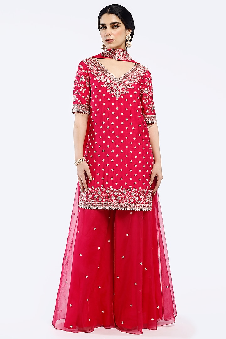 Rani Pink Organza Sequins Embroidered Party Wear Sharara Set by Onaya at Pernia's Pop Up Shop