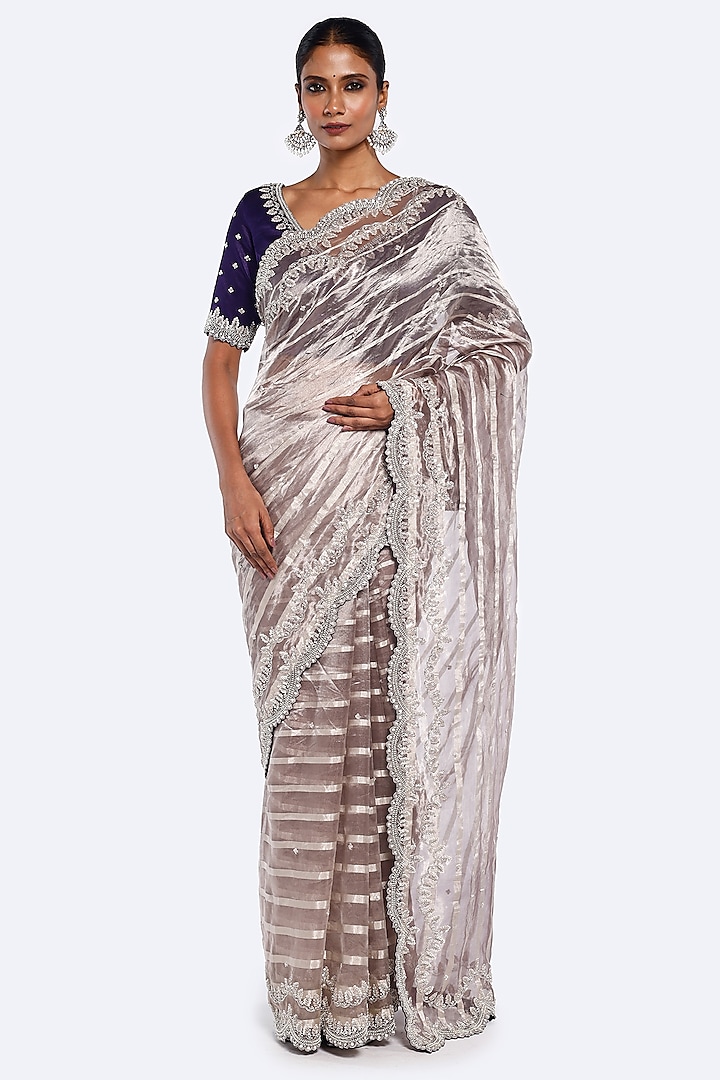 Mauve Tissue Sequins Embellished Striped Saree Set by Onaya at Pernia's Pop Up Shop