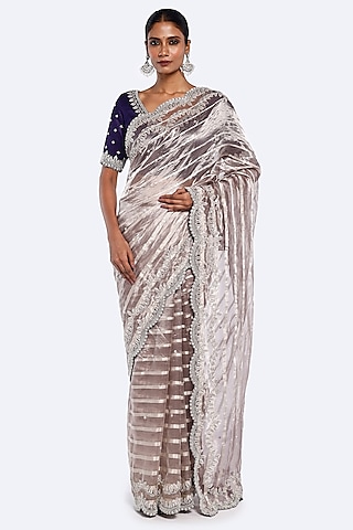Mauve Tissue Sequins Embellished Striped Saree Set by Onaya