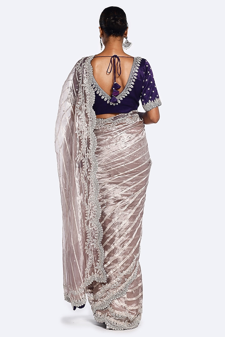 Mauve Tissue Sequins Embellished Striped Wedding Saree Set by Onaya at Pernia's Pop Up Shop