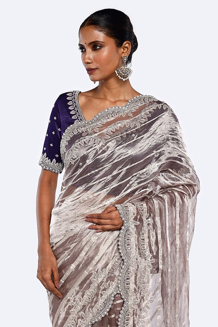 Mauve Tissue Sequins Embellished Striped Wedding Saree Set by Onaya at Pernia's Pop Up Shop
