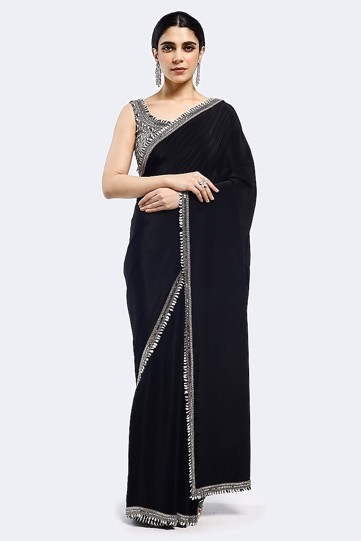 Black Crepe Mirror Embellished Saree Set by Onaya at Pernia's Pop Up Shop