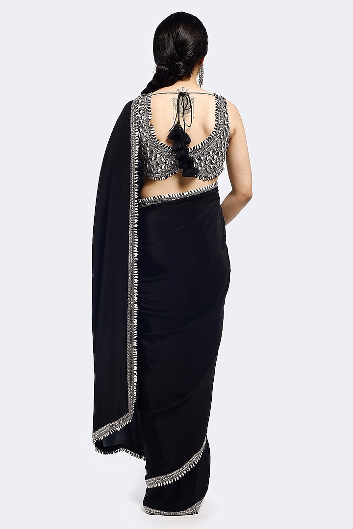 Black Crepe Mirror Embellished Party Wear Saree Set by Onaya at Pernia's Pop Up Shop