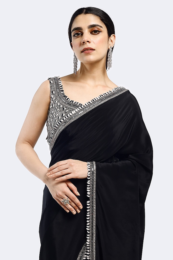 Black Crepe Mirror Embellished Party Wear Saree Set by Onaya at Pernia's Pop Up Shop