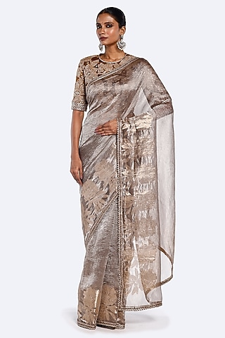 Beige & Green Tissue Nakshi Embellished Saree Set by Onaya