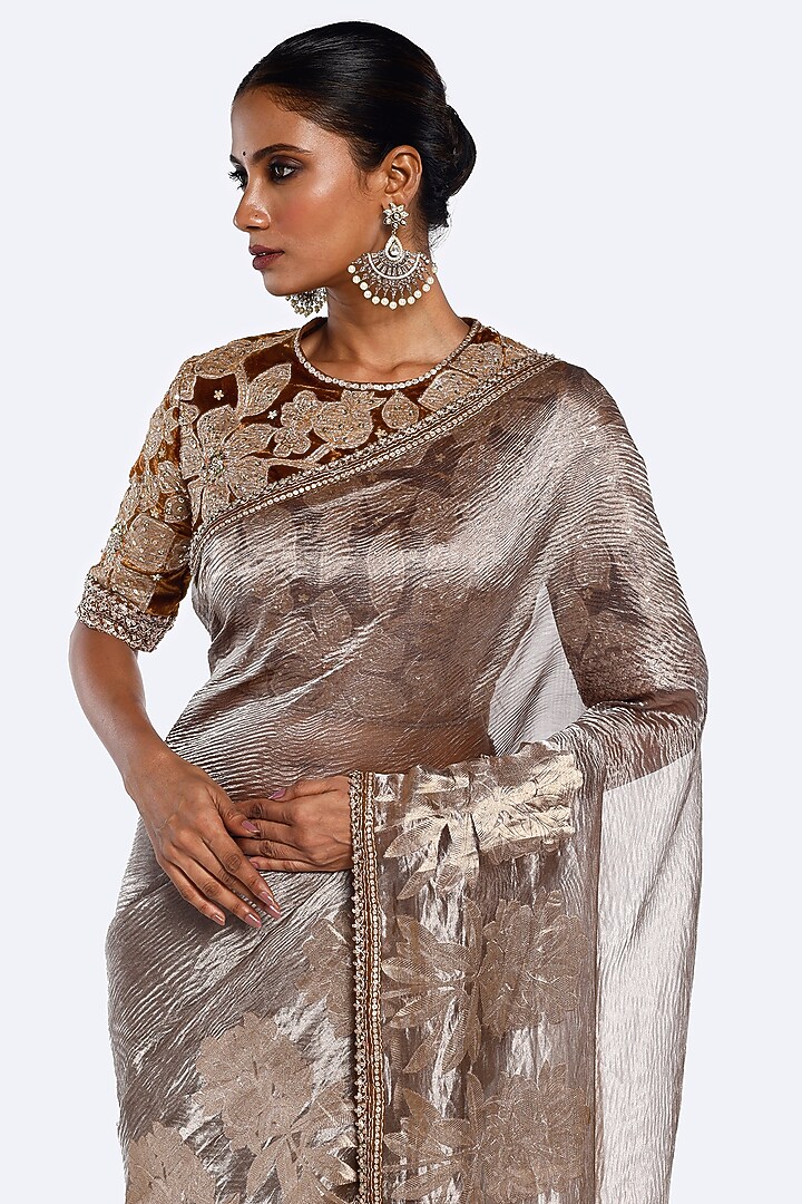 Beige & Green Tissue Nakshi Embellished Party Wear Saree Set by Onaya at Pernia's Pop Up Shop