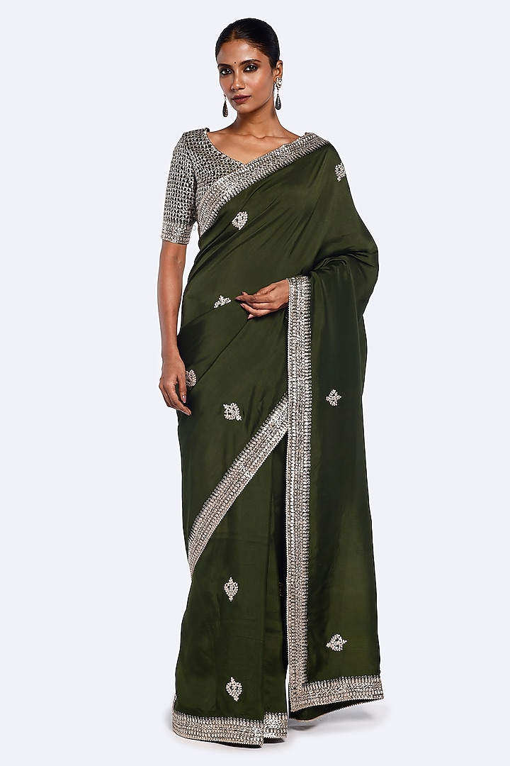 Mehendi Green Bemberg Russian Zari Embroidered Saree Set by Onaya at Pernia's Pop Up Shop