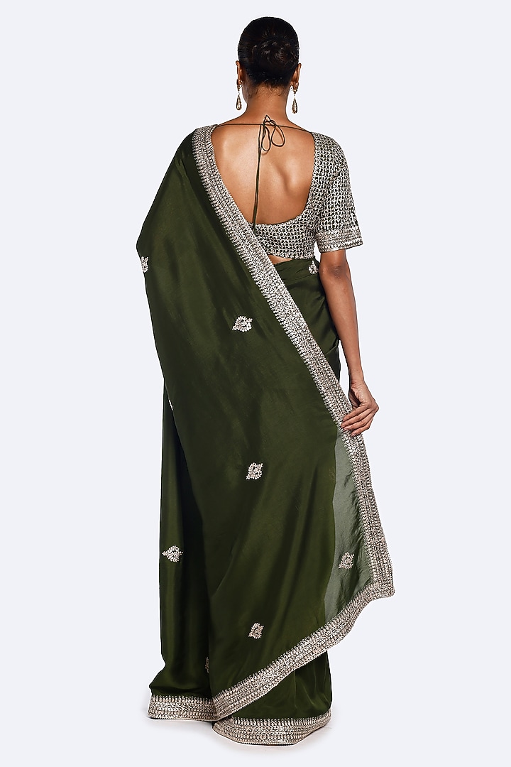 Mehendi Green Bemberg Russian Zari Embroidered Party Wear Saree Set by Onaya at Pernia's Pop Up Shop