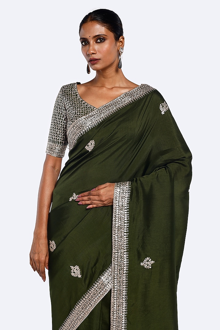 Mehendi Green Bemberg Russian Zari Embroidered Party Wear Saree Set by Onaya at Pernia's Pop Up Shop