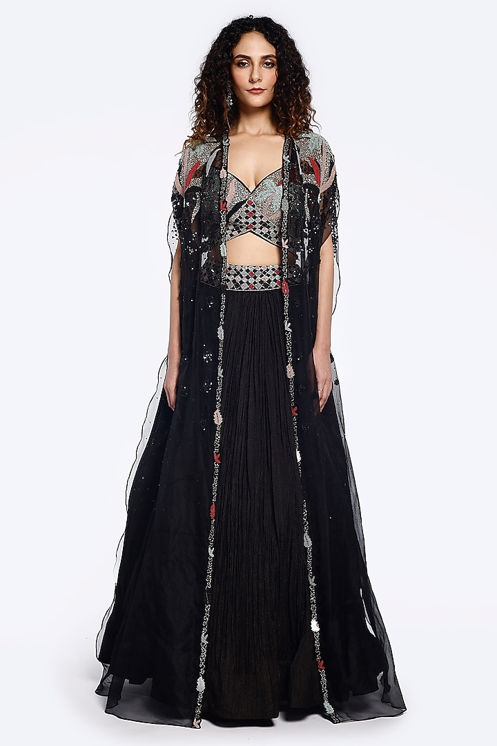 Black Crush Fabric & Organza Sequins Embellished Jacket Wedding Lehenga Set by Onaya at Pernia's Pop Up Shop