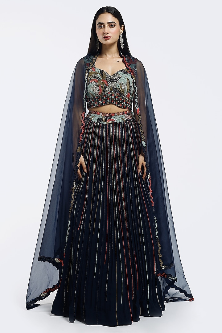 Navy Blue Georgette Cutdana Embellished A-line Wedding Lehenga Set by Onaya at Pernia's Pop Up Shop