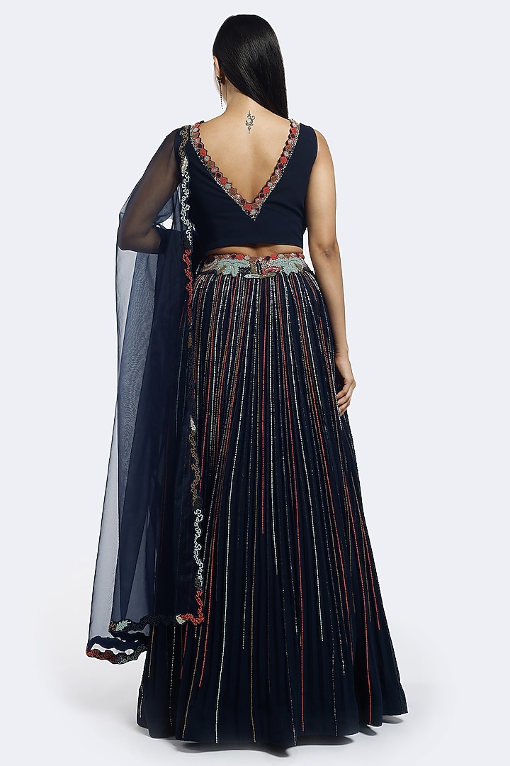 Navy Blue Georgette Cutdana Embellished A-line Wedding Lehenga Set by Onaya at Pernia's Pop Up Shop